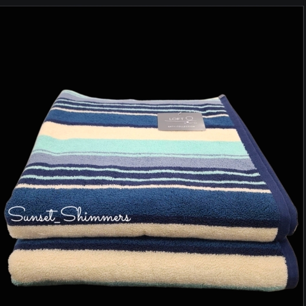 8pc Loft Turquoise Cream Blue Striped Cotton Bath Hand Washcloth Towel Set New - Picture 7 of 10